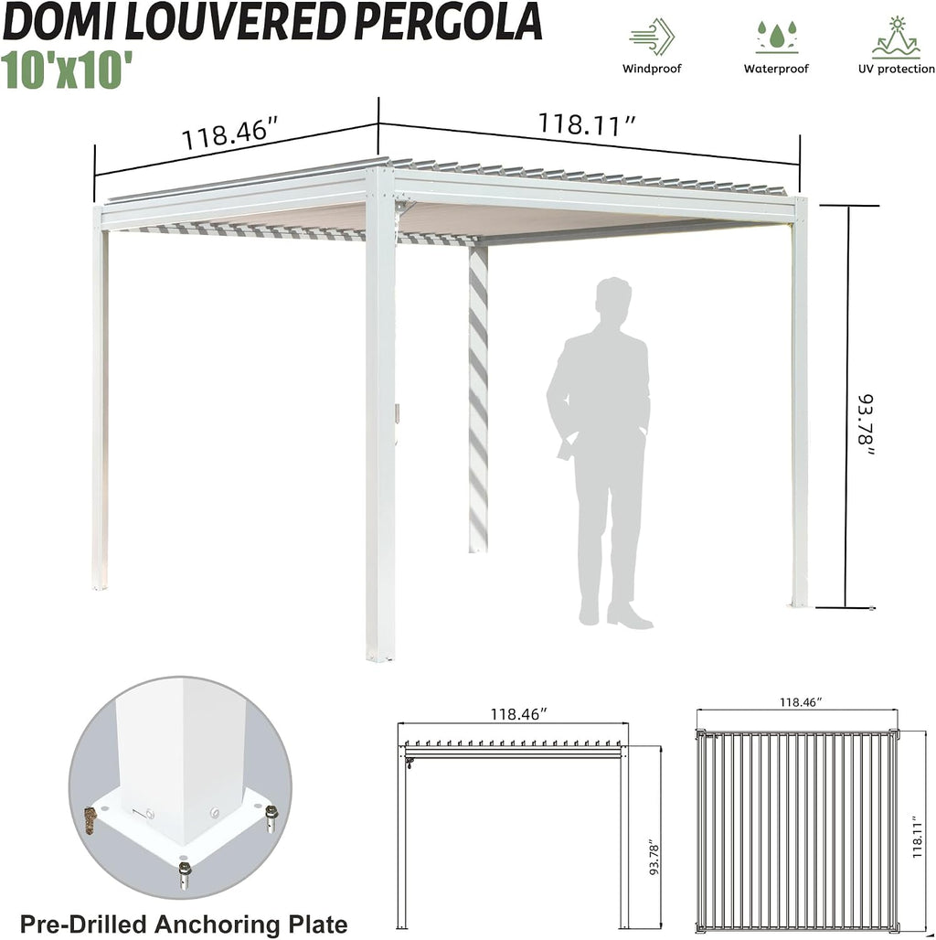 Domi Louvered Pergola 10X10FT, Aluminum Pergola with Adjustable Louvered Roof and Drainage Gutter, Outdoor Pergola Gazebo for Patio, Backyard, Deck, White