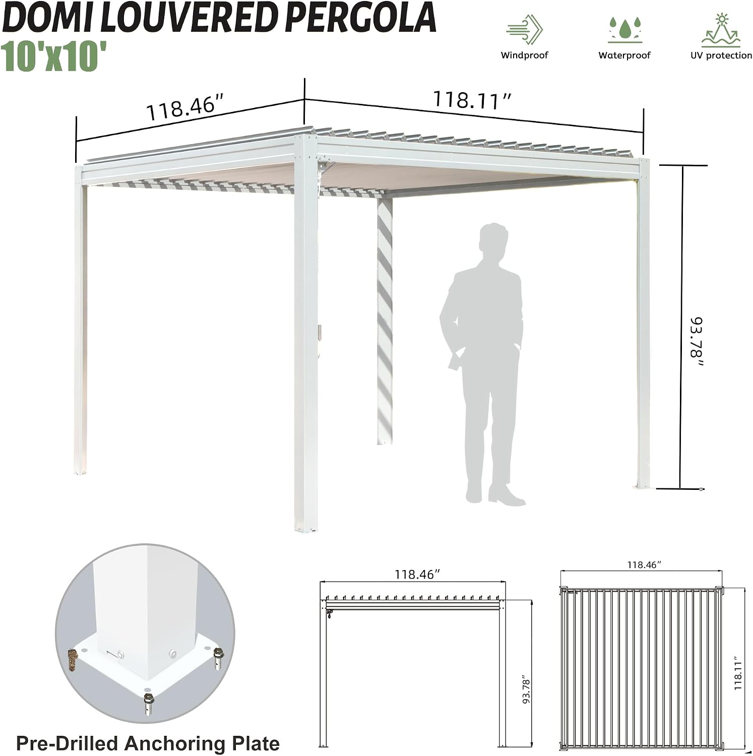 Domi Louvered Pergola 10X10FT, Aluminum Pergola with Adjustable Louvered Roof and Drainage Gutter, Outdoor Pergola Gazebo for Patio, Backyard, Deck, White
