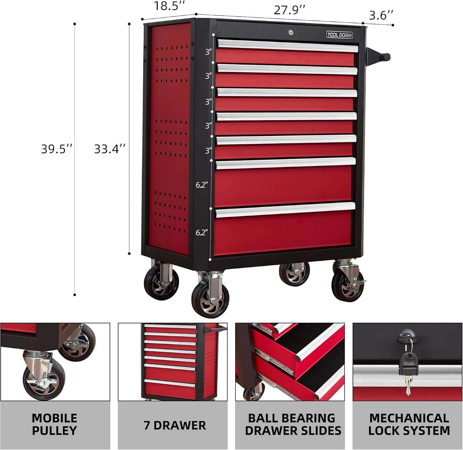 Tool Chest with Wheels - 28inch Tool Box with 7 Drawers, Metal Rolling Tool Cabinet with Locking System, for Garage, Warehouse, Workshop, Repair Shop
