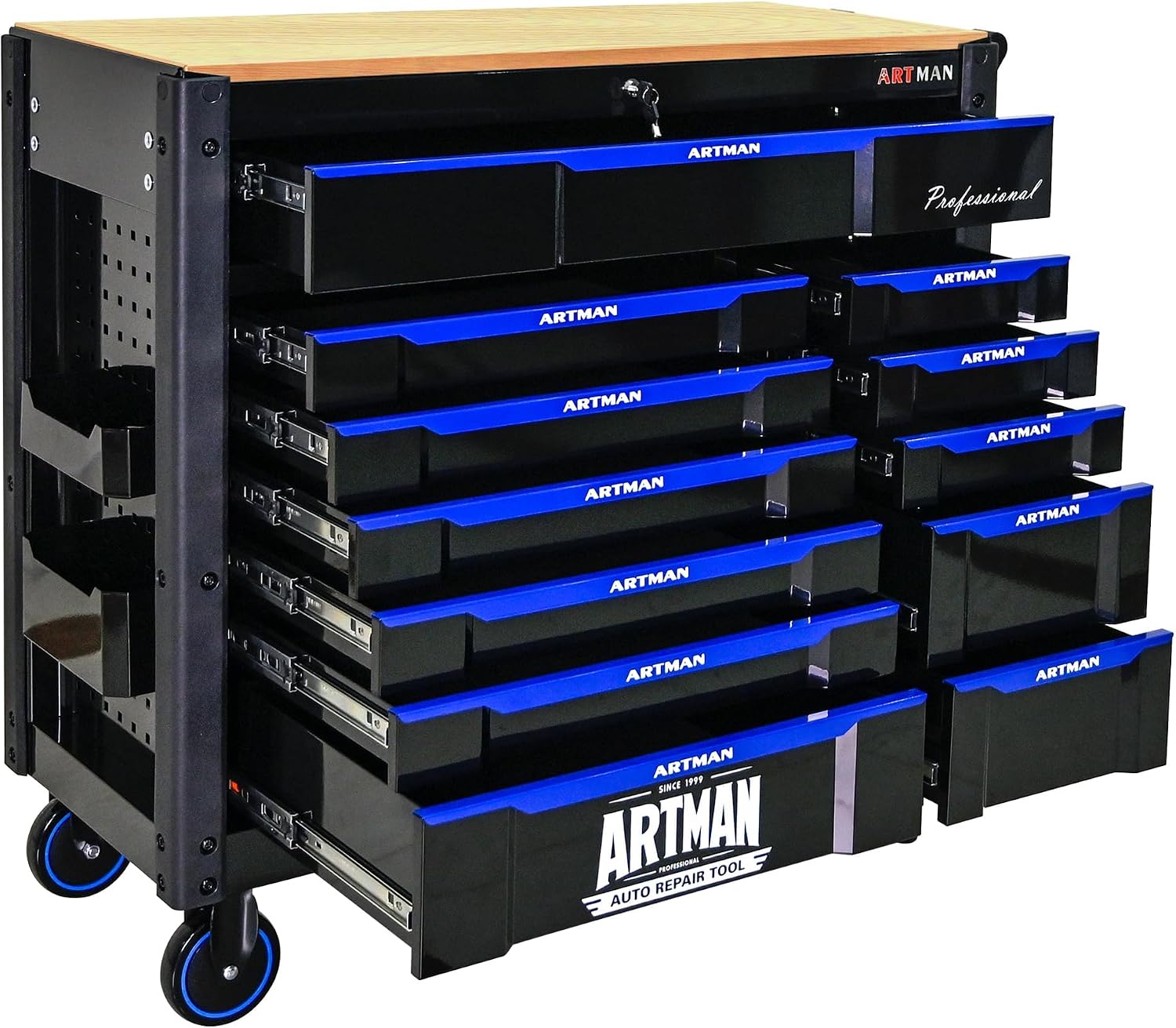 Heavy Duty Rolling Tool Chest with 12-Drawer Tool Cart Mechanic Tool Box with Wheels Tool Storage Cabinet Mobile Workbench Tool Bench for Garage, Workshop, Warehouse, Repair Shop, Wood Top