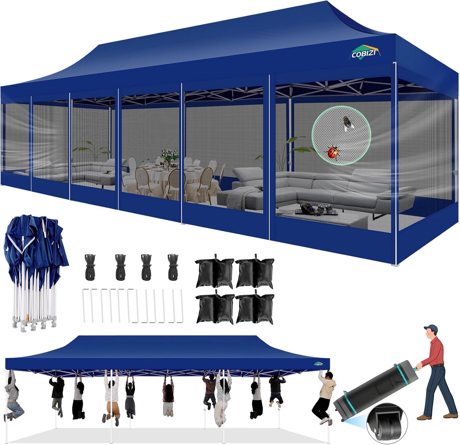 COBIZI 10x30 Pop Up Canopy with Sidewalls, Heavy Duty Canopy with Mosquito Netting, Easy up Screen Party Tents for Parties Backyard Outdoor Commercial Event Gazebo with Roller Bag, Sandbags, Deep Blue