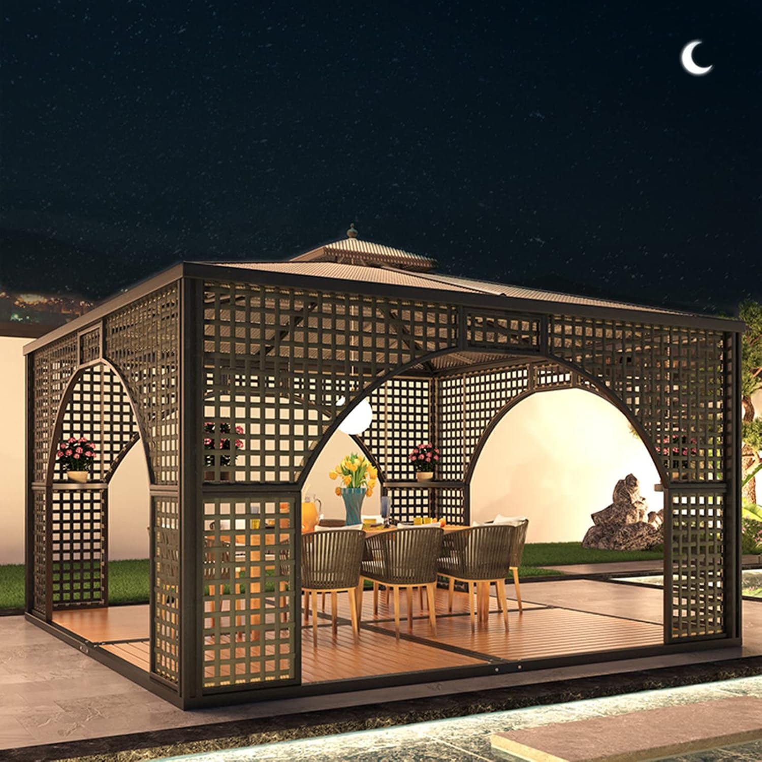 MARURY Modern Chinese Style Gazebo, Hardtop Pavilion, Brown, Polyester & Wrought Iron, Triangular, Freestanding Shelter, Easy Assembly, Water Resistant