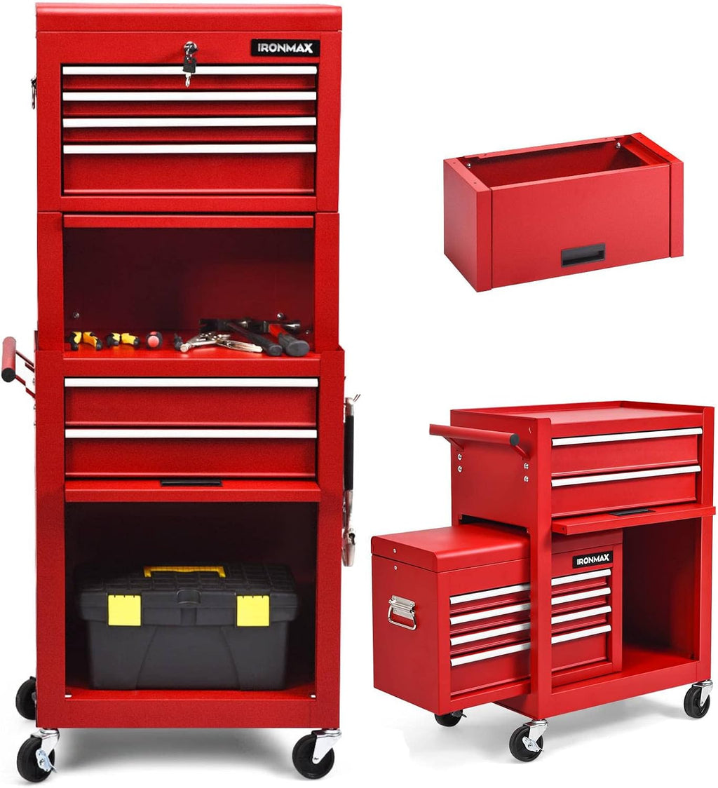 IRONMAX 6-Drawer Tool Cabinet on Wheels, Lockable 3 in 1 Heavy Duty Toolbox Organizer w/ 4 Universal Wheels & Hooks, Detachable Metal Tool Chest for Garage, Warehouse, Repair Shop (Red)