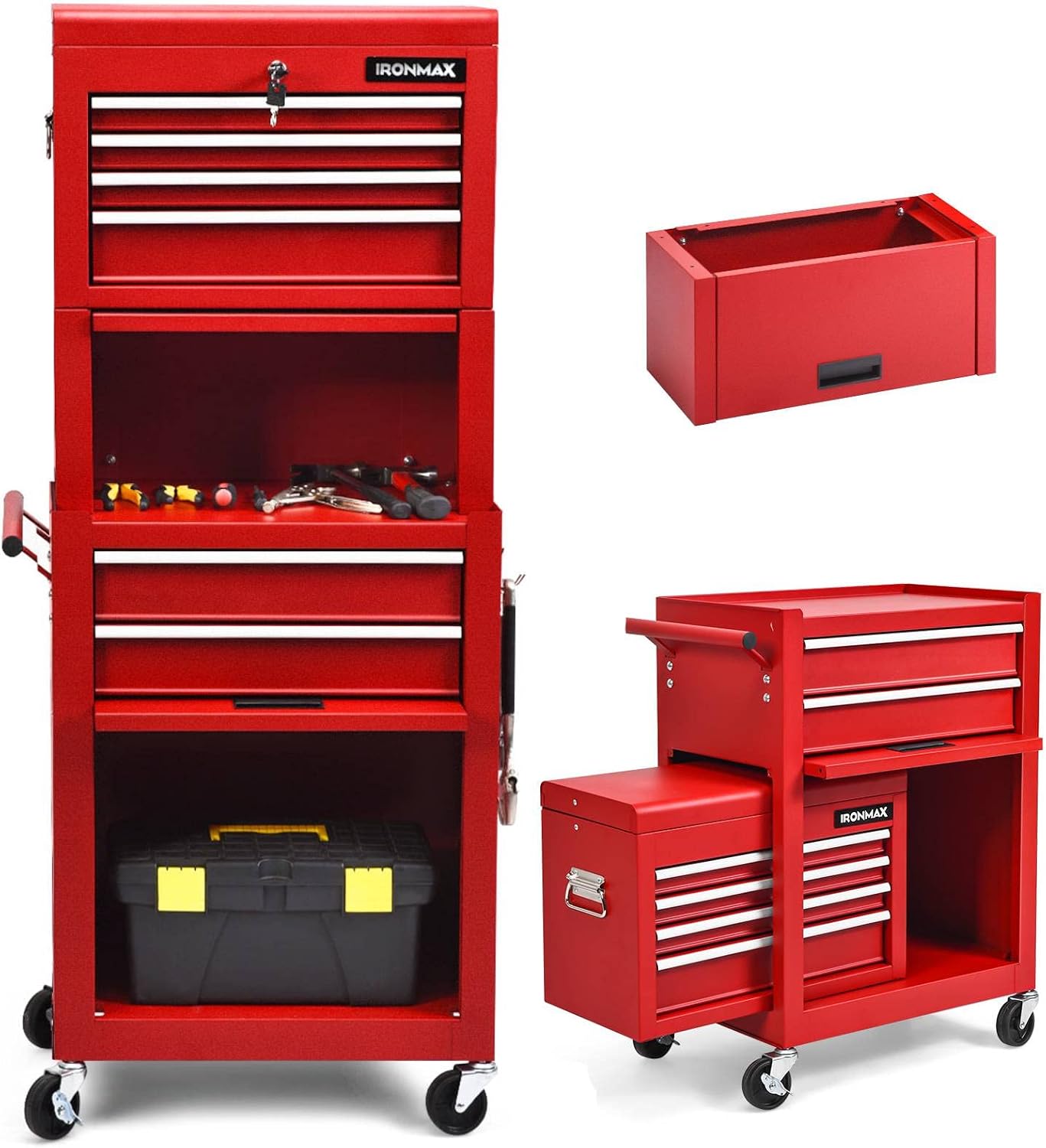 IRONMAX 6-Drawer Tool Cabinet on Wheels, Lockable 3 in 1 Heavy Duty Toolbox Organizer w/ 4 Universal Wheels & Hooks, Detachable Metal Tool Chest for Garage, Warehouse, Repair Shop (Red)
