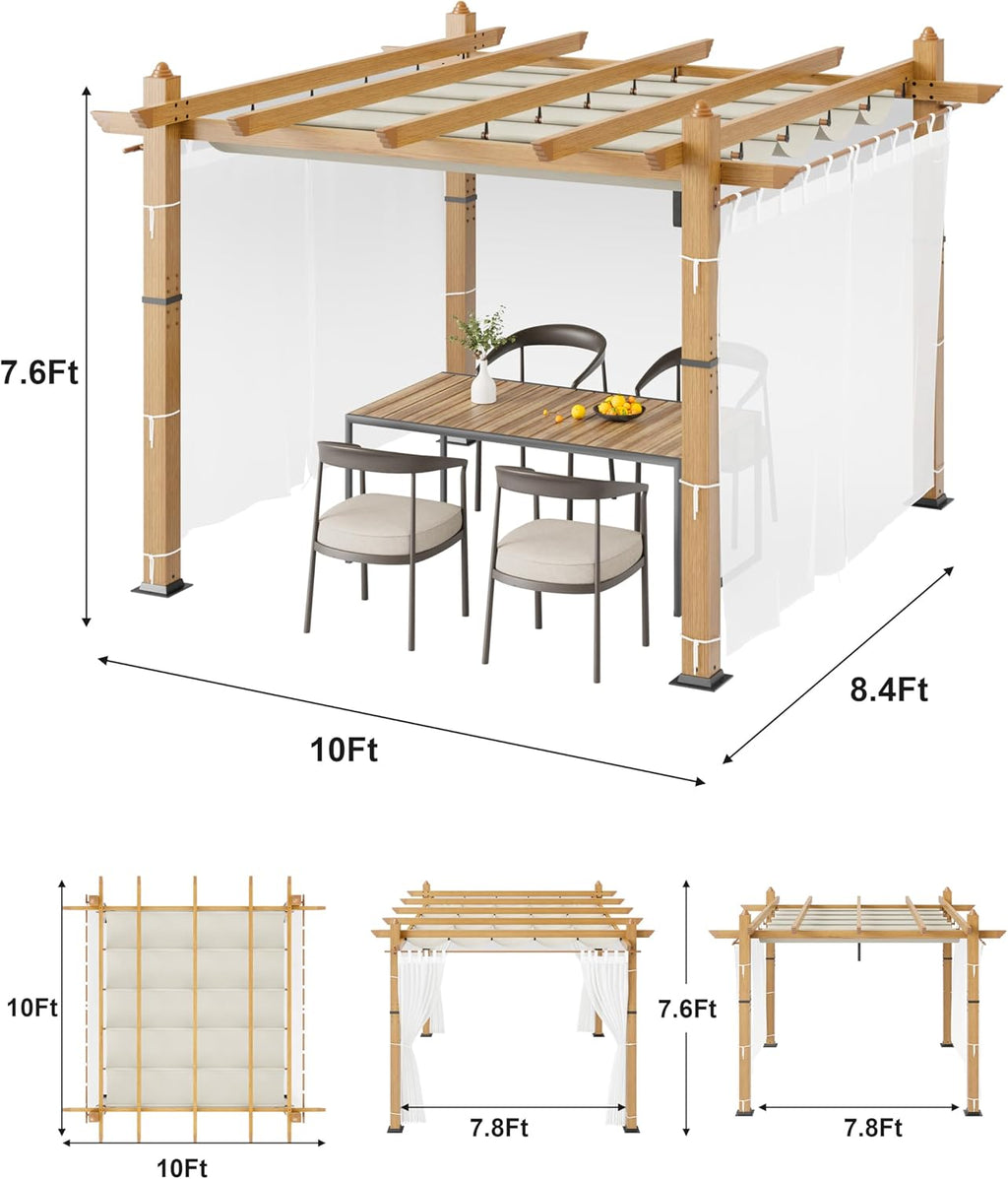 10x10 Ft Retractable Outdoor Pergola with Canopy and Side Mesh, Upgraded Wood-Grain Aluminum Pergola, Modern Pavilion for Backyard, Patio, Porch, Grape Trellis, Beige+White