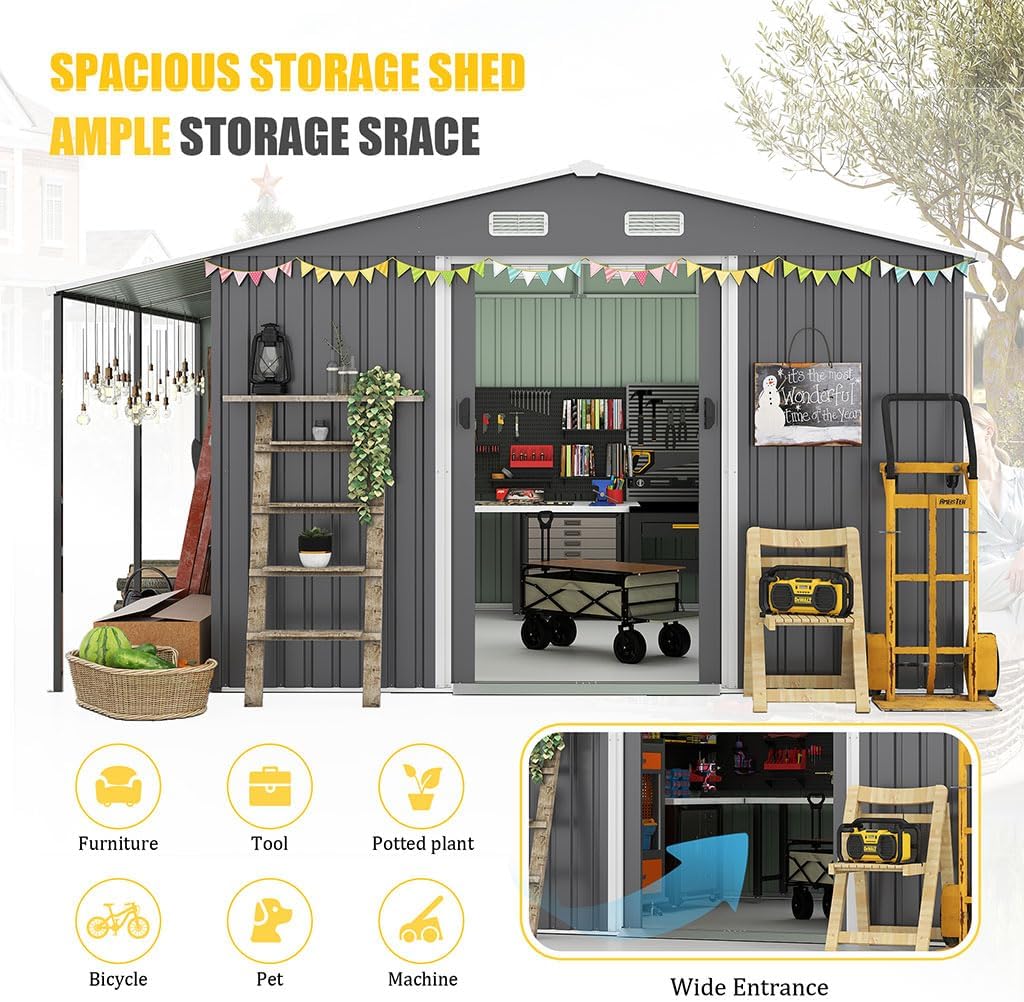 10×12 FT Extra-Large Outdoor Storage Shed with Firewood Bay, Waterproof Metal Garden Shed with Sliding Doors, Ramp, 4 Windows, Vents & Galvanized Steel Panels for Backyard, Lawn & Patio Tool Storage