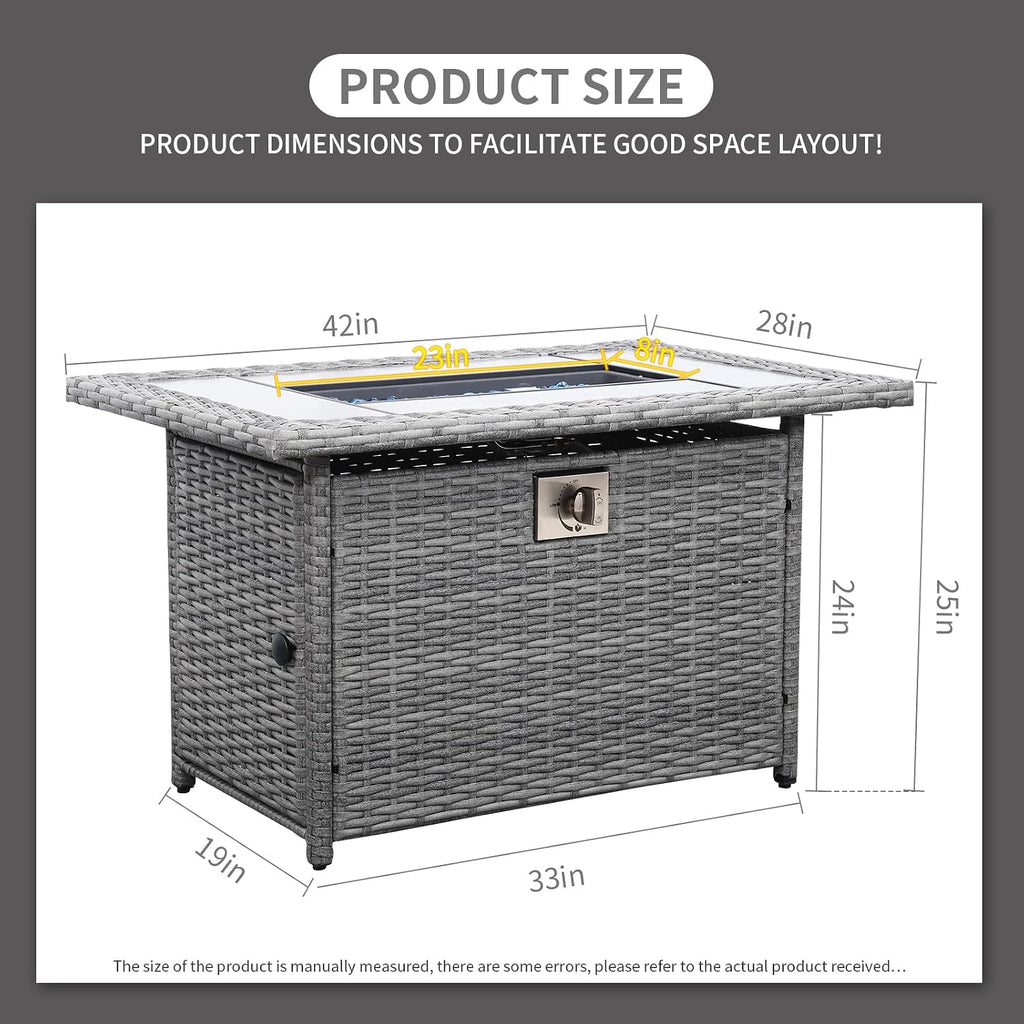 60000 BTU Wicker Gas Fire Pit Outdoor Fire Pit Table 45 Inch Fire Pits for Outside with Woodgrain Marble Tabletop Fire Pit Cover and Blue Crystal Beads