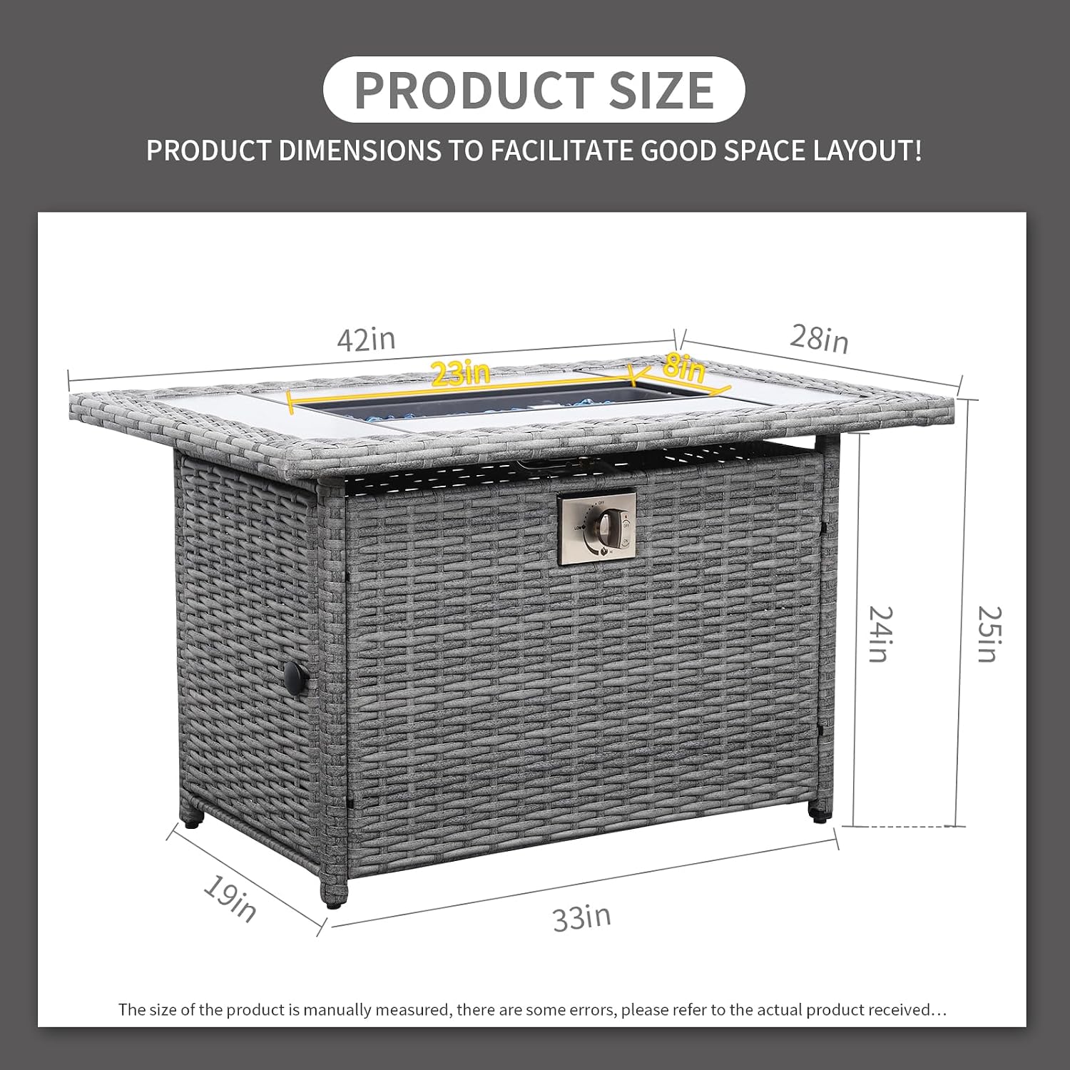 60000 BTU Wicker Gas Fire Pit Outdoor Fire Pit Table 45 Inch Fire Pits for Outside with Woodgrain Marble Tabletop Fire Pit Cover and Blue Crystal Beads