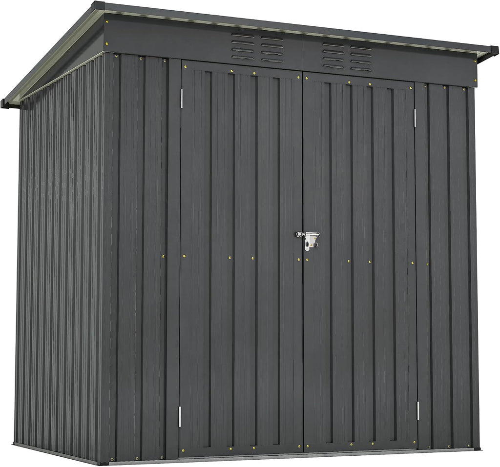 6x4 FT Shed Outdoor Storage Metal Large Garden Tool Sheds with Lockable Doors Floor Frame Sloped Roof Waterproof Steel Utility Equipment Shed for Backyard Patio Lawn Poolside, Black