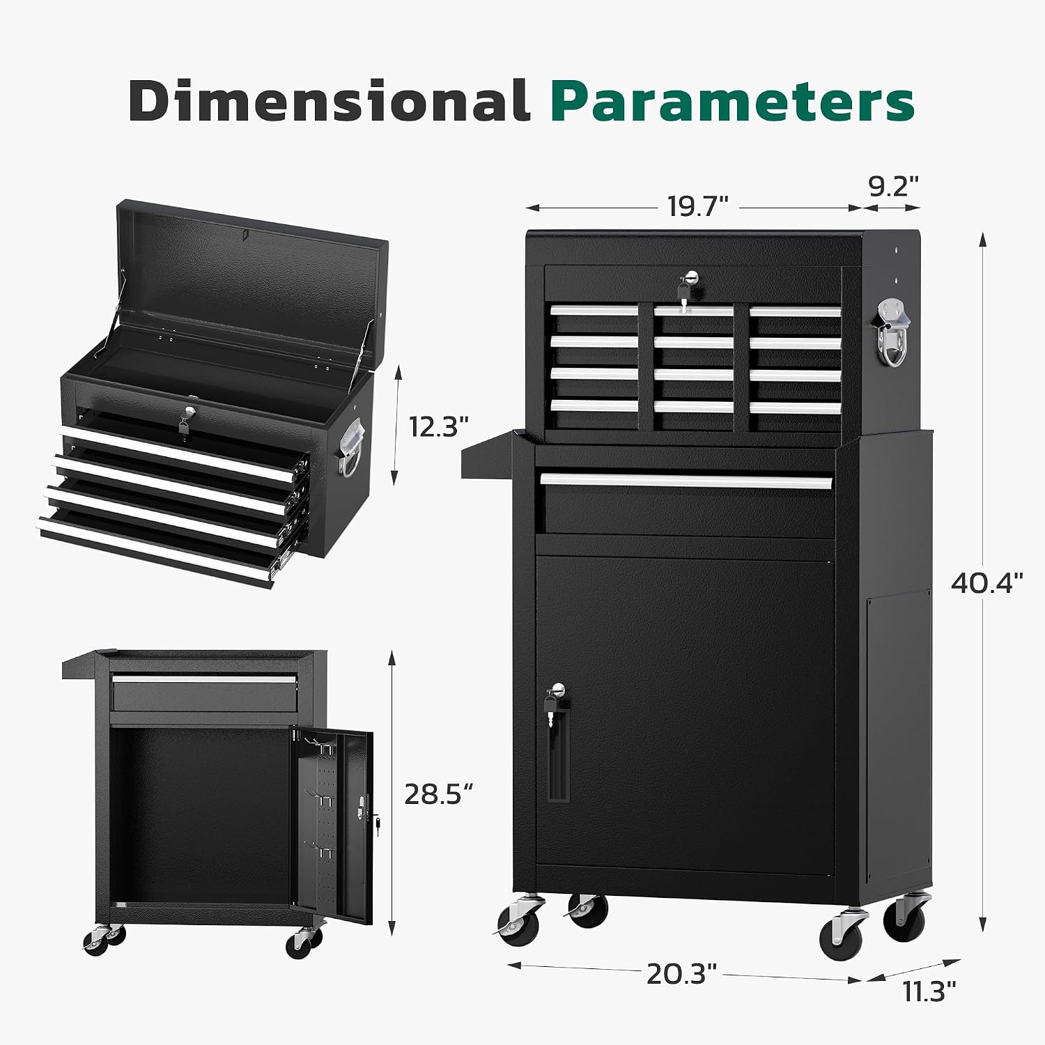 Greenvelly Tool Chest, 5-Drawer Rolling Tool Chest with Hooks and Lockable Wheels, Detachable Top Tool Box, Toolbox with Wheels, Rolling Tool Box for Mechanics Garage Workshop and Tool Room (Black)