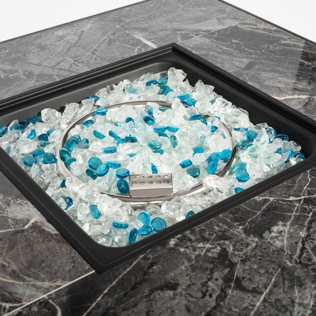 30'' Propane Fire Pit Table, Marble Textured Ceramic Tabletop, 50,000 BTU Fire Table with Brown Wicker, Mix Color Glass Rocks, Including Lid&Cover, Square