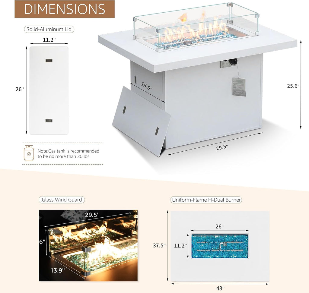 NICESOUL 43' Aluminum Outdoor Propane Fire Pit Table, 60,000 BTU Rectangle Natural Gas Firepits, Rust-Proof All-Weather Fire Table with Wind Guard & Glass Rocks for Patio Outside CSA-Certified, White