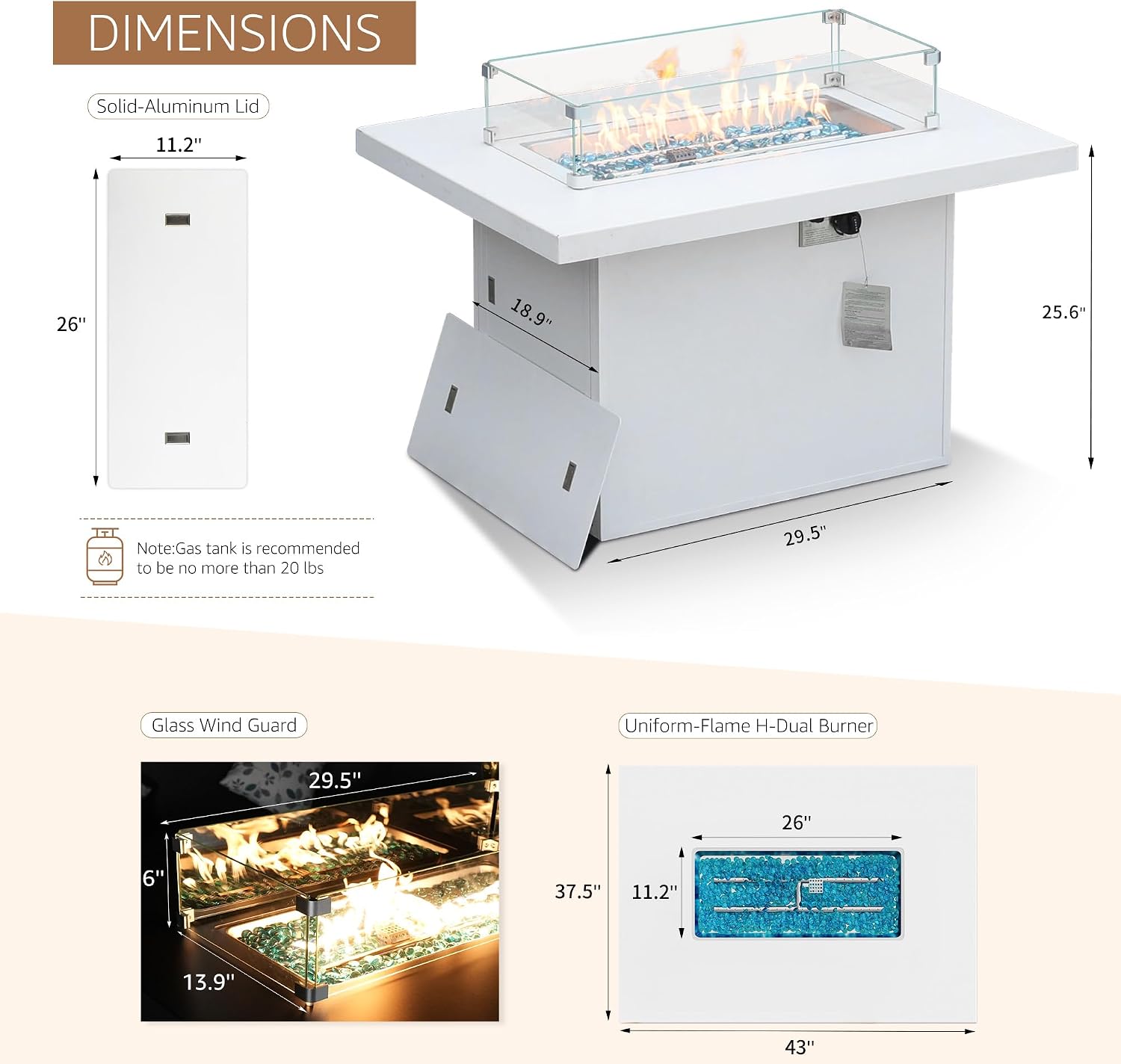 NICESOUL 43' Aluminum Outdoor Propane Fire Pit Table, 60,000 BTU Rectangle Natural Gas Firepits, Rust-Proof All-Weather Fire Table with Wind Guard & Glass Rocks for Patio Outside CSA-Certified, White