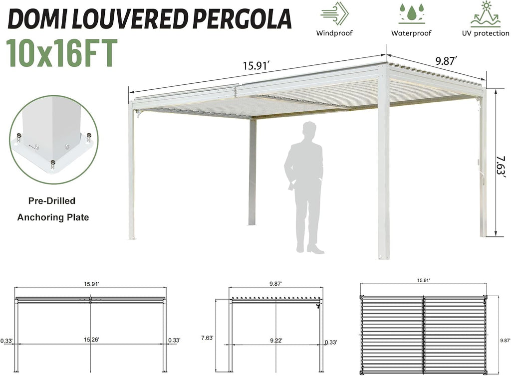 Domi Louvered Pergola 10X16FT, Aluminum Pergola with Adjustable Louvered Roof and Drainage Gutter, Outdoor Gazebo for Patio, Backyard, Deck, White