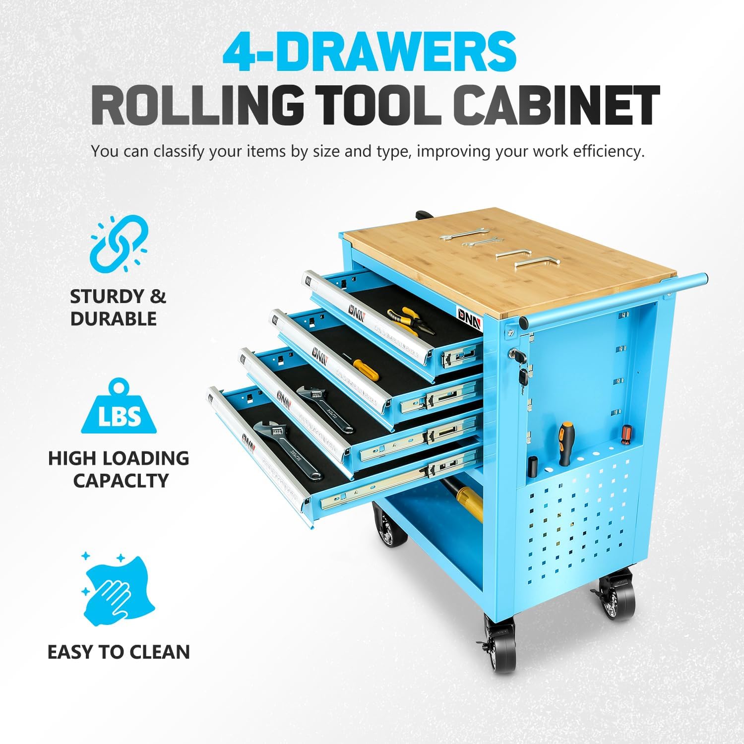 DNA Motoring 4-Drawer Rolling Tools Chest, Rolling Tool Storage Cabinet, Heavy Duty Mechanic Tool Cart, Trolley Organizer for Garage, Warehouse, Workshop, Blue, TOOLS-00484