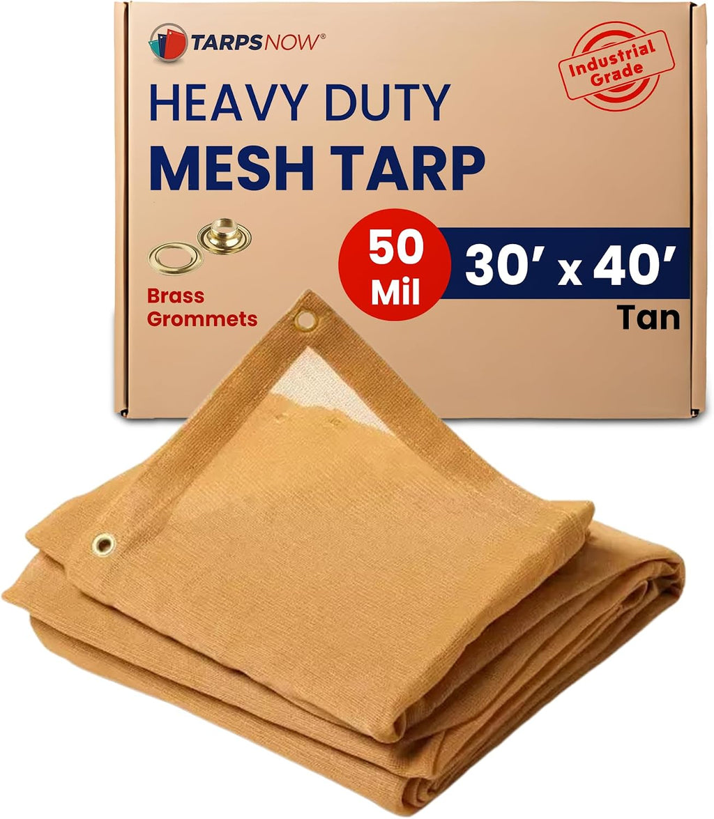 Tarps Now 30' x 40' Tan Mesh Tarp Heavy Duty - 6.8 oz Knitted HDPE - 75% Shade Cloth for Garden, Backyard, Patios - Brass Grommets - UV Resistant Breathable Privacy Screen, Sun Shades Outdoor Patio