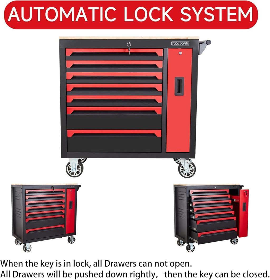 Rolling Large Tool Chest Cabinets 36.2-Inch 7 Horizontal Drawers and 1 Vertical Side Drawer 4 Wheels Workbench with Rubber Wooden Table Rolling Tool Box with Drawers and Locking System