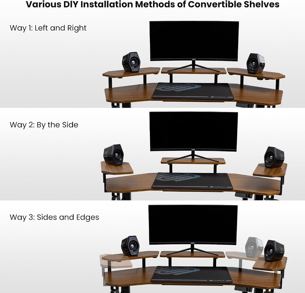EUREKA ERGONOMIC Aero 55 Inch W Shaped Electric Standing Desk, Height Adjustable Computer Gaming Desk with LED Monitor Shelf, Mouse Pad, Headphone Hook, Cup Holder, Dark Walnut