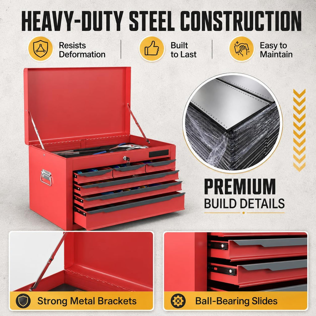 ARNOT Large Metal Tool Box, Tool Box with 6 Drawers & Top Tray, Heavy-Duty Steel Tool Chest with Auto-Locking Drawers and Side Handles for Garage & Workbench, Red