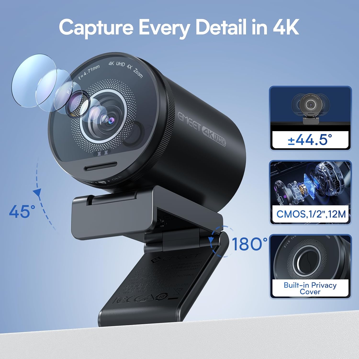 EMEET SmartCam S800 4K Webcam for Streaming, 1/2'' Sensor, Supports HDR, PDAF&TOF Dual-autofocus, 1080P@60fps, 2 Noise-Cancelling Mics, 40°-73° FOV, Perfect for Live Streaming & Online Meetings