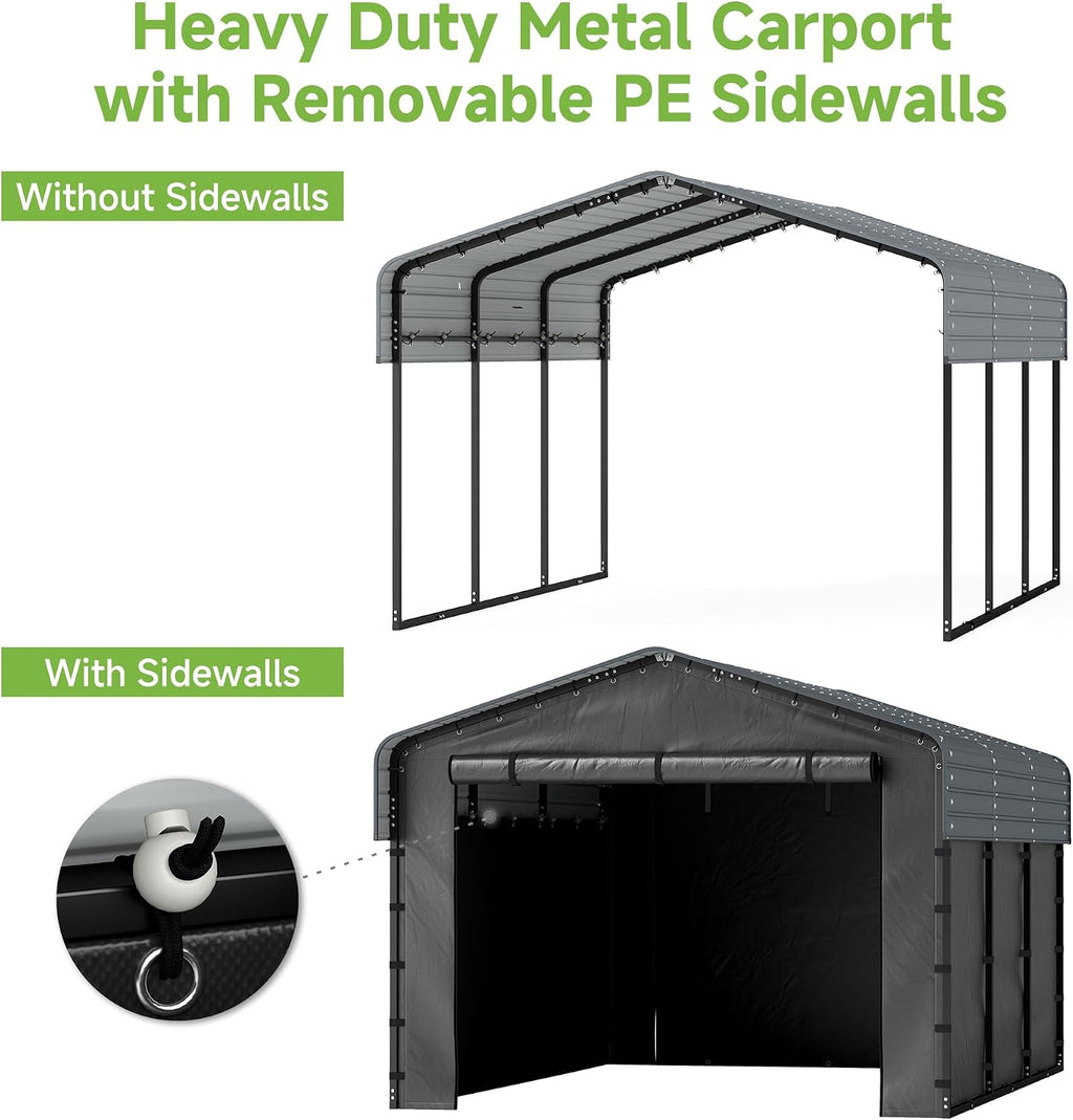 10x15FT Heavy Duty Metal Carport,Outdoor Garage with Removable Sidewalls & Doors, Heavy Duty Steel Frame and Galvanized Roof for Cars and Boats, Gray