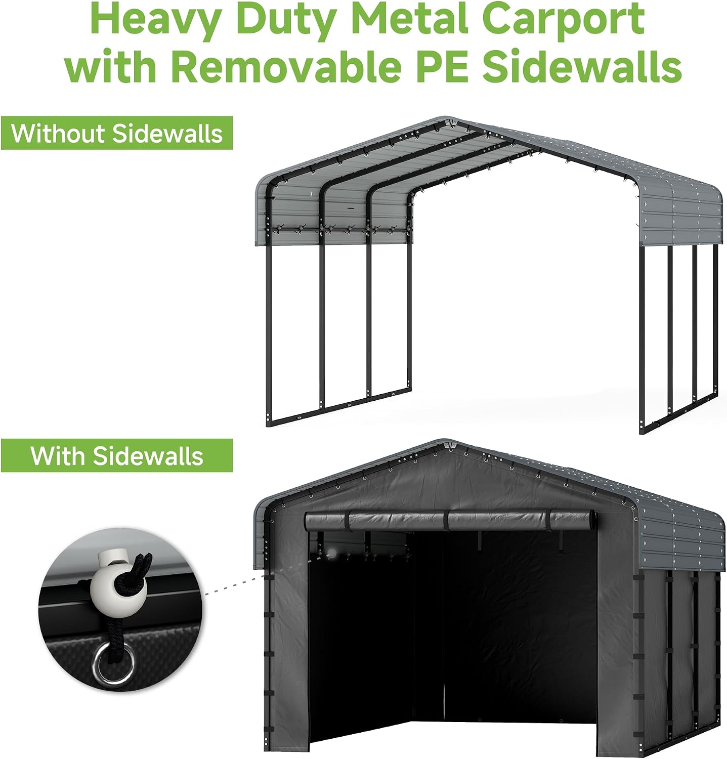 10x15FT Heavy Duty Metal Carport,Outdoor Garage with Removable Sidewalls & Doors, Heavy Duty Steel Frame and Galvanized Roof for Cars and Boats, Gray