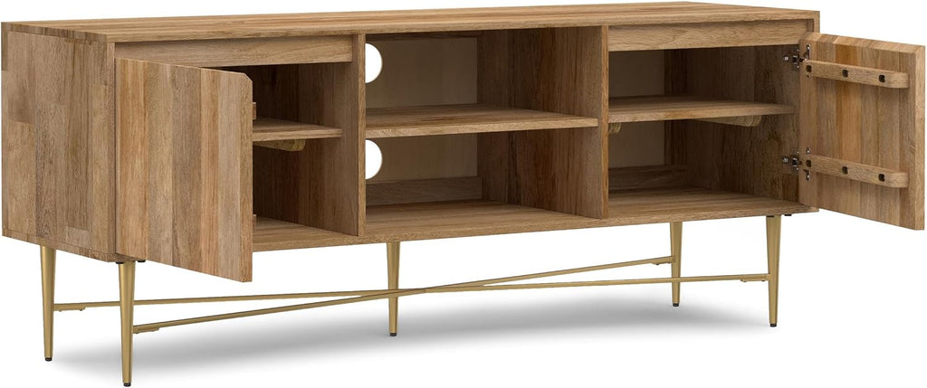 SIMPLIHOME Fallon SOLID MANGO WOOD 60 inch Wide Contemporary TV Media Stand in Natural For TVs up to 65 inches for the Living Room and Entertainment Center