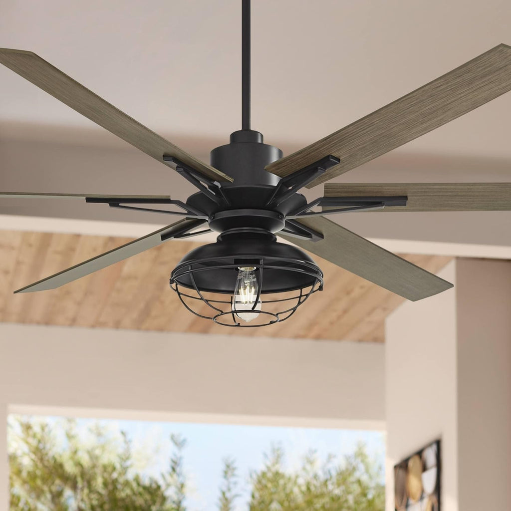 Casa Vieja 72' Expedition Modern Industrial Rustic Outdoor Ceiling Fan with LED Light Remote Control Matte Black Oak Wood Cage Damp Rated for Patio Exterior House Home Porch Gazebo Garage