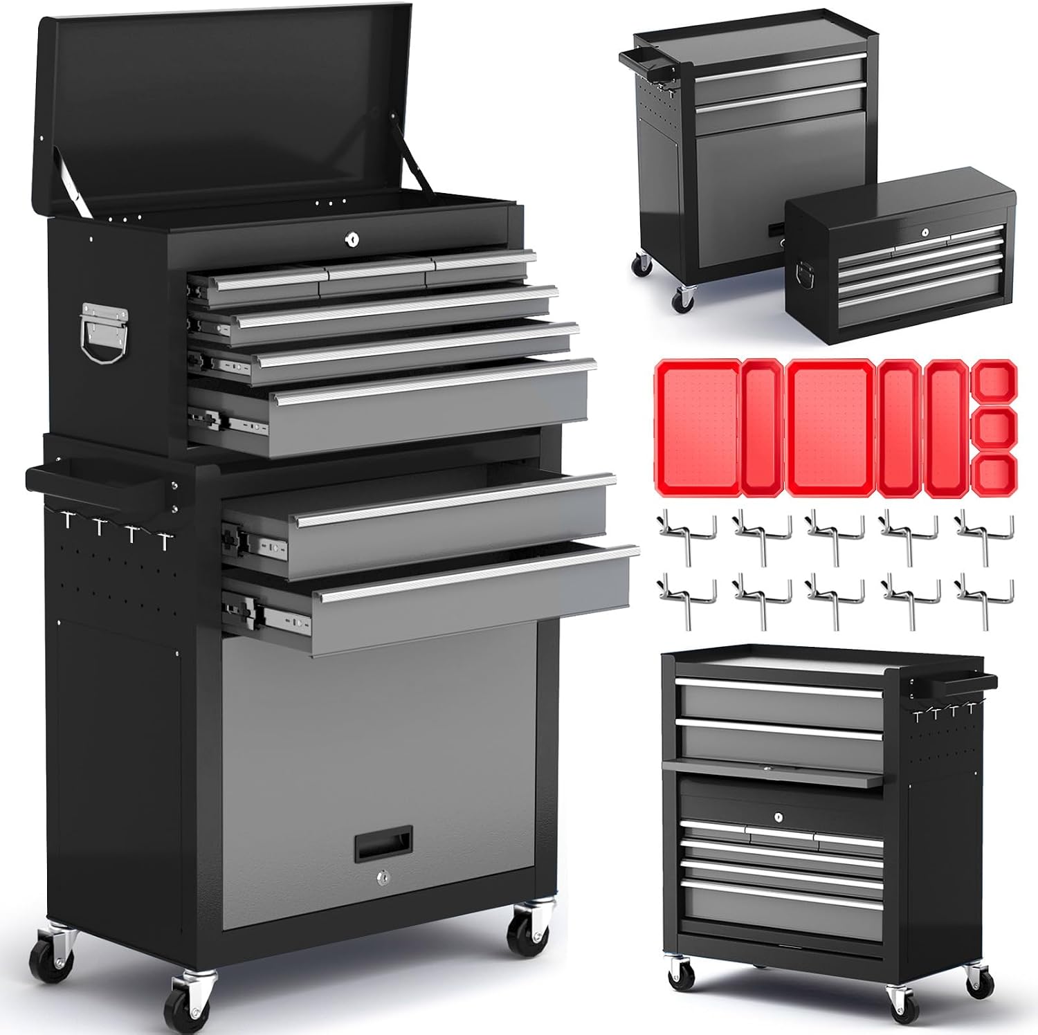 8-Drawer Rolling Tool Chest,42' Large Tool Box with Drawers,Lockable Wheels,2-in-1 Detachable Top Mechanic Tool Storage Box,for Garages, Workshops,Repair Shops (with Parts Box and Hooks)