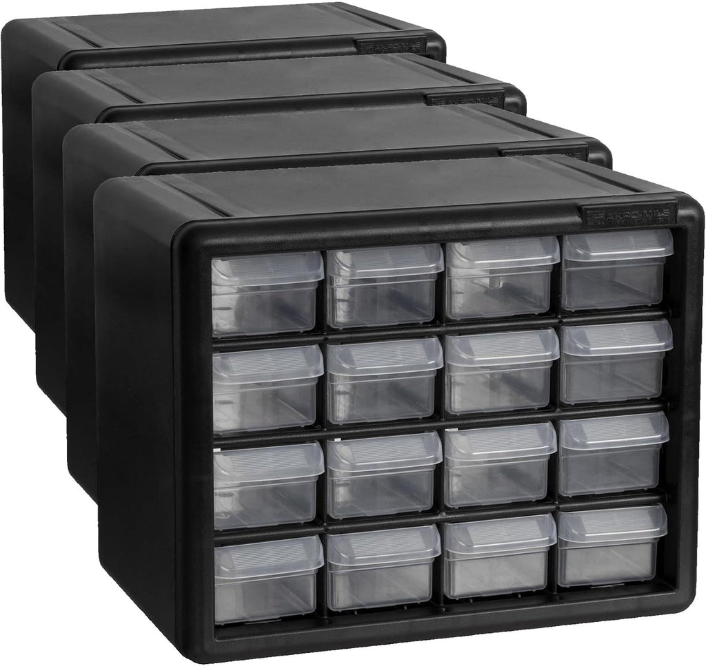 Akro-Mils 16-Drawer Plastic Cabinet for Garage Organization, Beads, Makeup Organizer, Building Bricks Storage, Teacher Toolbox, 10-1/2' W x 6-1/2' D x 8-1/2' H, 10716 Black (Pack of 4)