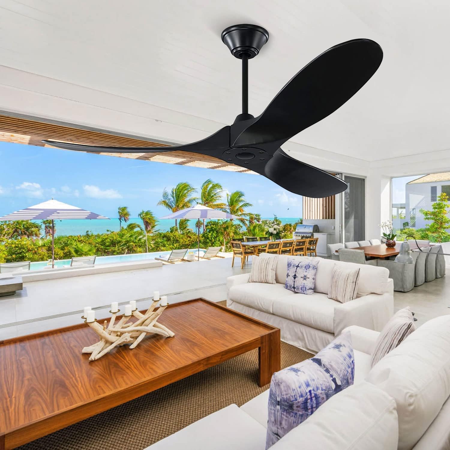 Black Ceiling Fan 52 Inch Outdoor Ceiling Fan for Patios, Modern Wood Ceiling Fan No Light with Remote, 3 Blade Large Airflow Indoor Outdoor Commercial Fan for Exterior House Porch Gazebo