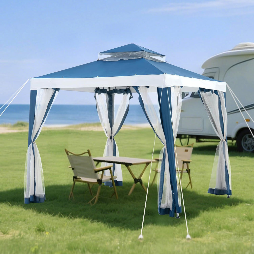 Sunjoy 8 x 8 ft. Soft Top Gazebo, Outdoor Patio Backyard Modern 2-Tier Steel Frame Gazebo with Mesh Netting - Navy Blue & White