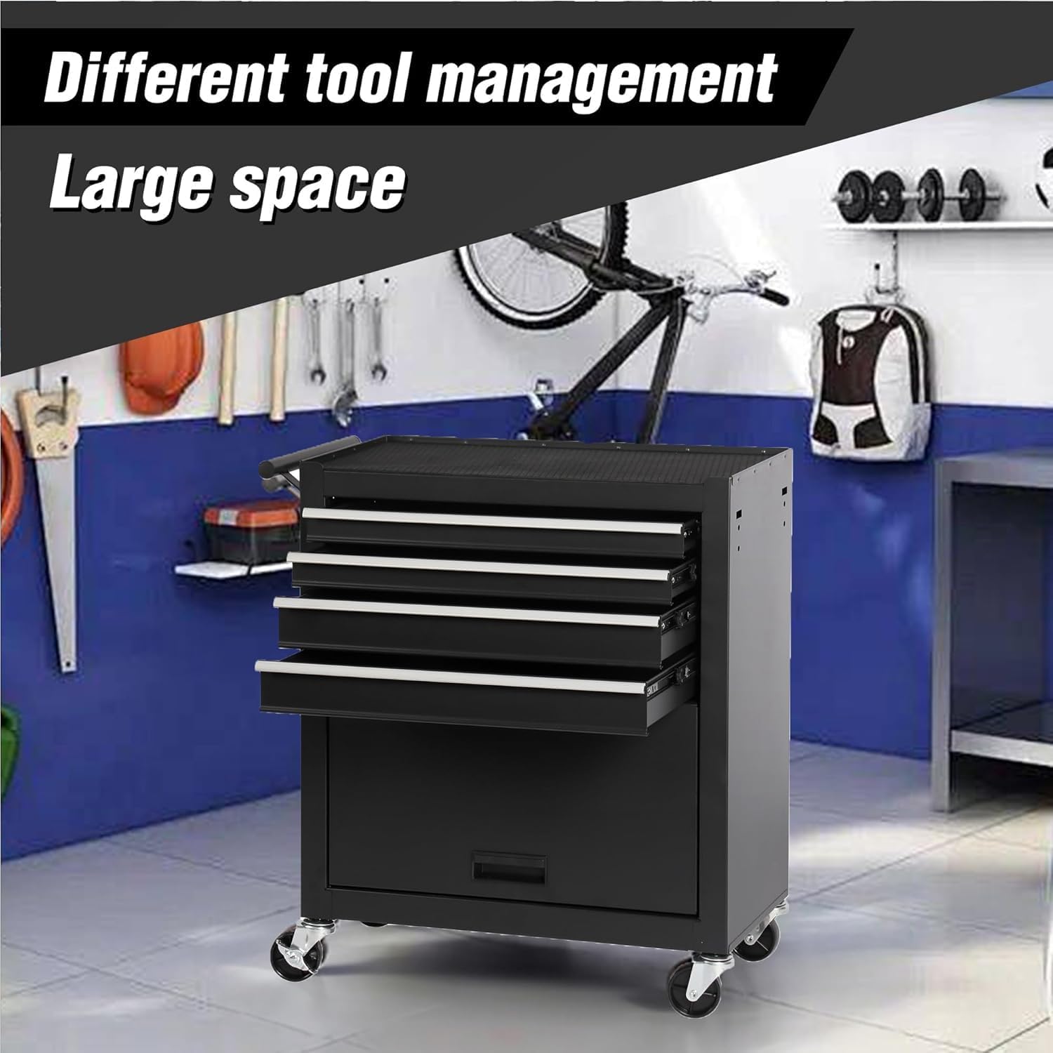 4 Drawers Tool Cart on Wheels, Multifunctional Rolling Tool Chest with 1 Cabinet, Drawers Rolling Tool Storage Case for Garage, Warehouse, Workshop, Repair Shop (4 Drawers-29.9' H-Black)