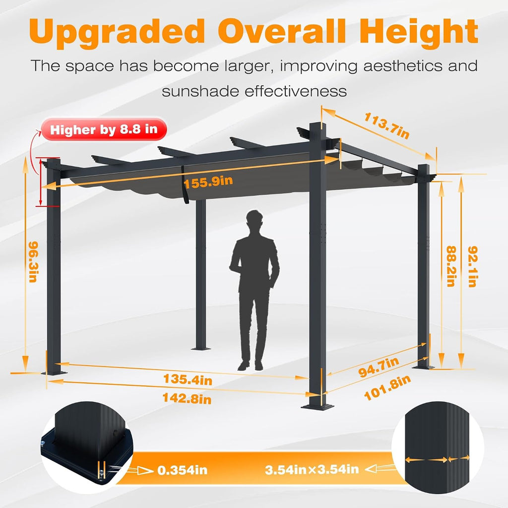MUPATER 10' X 13' Outdoor Pergola, Aluminum Pergola Patio with Weather-Resistant Canopy, Retractable Canpoy for Backyard Deck Garden, Grey