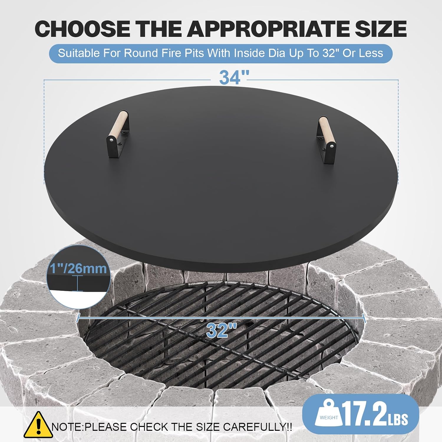 Fire Pit Lid Cover Round - 34' Rust Resistant Powder Coated Steel Firepit Cover or Table with 2 Wooden Handles for Patio Fire Pit, Weatherproof for All Seasons, Fits Fire Pits Up to 32'