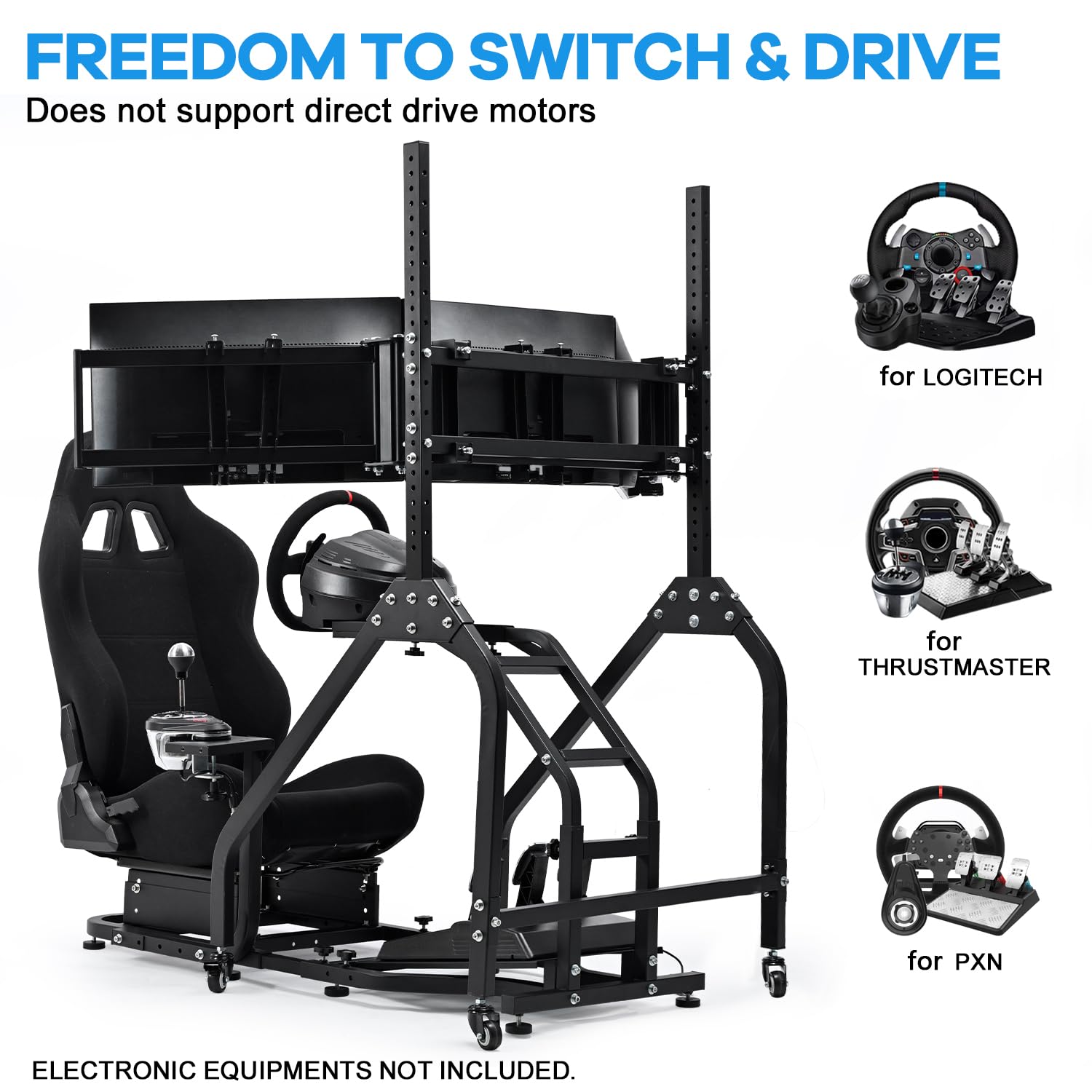 Anman Adjustable Racing Simulator Cockpit with Triple Monitor Stand and Ergonomic Driving Seat Compatible with Logitech/Thrustmaster, No electronic equipment
