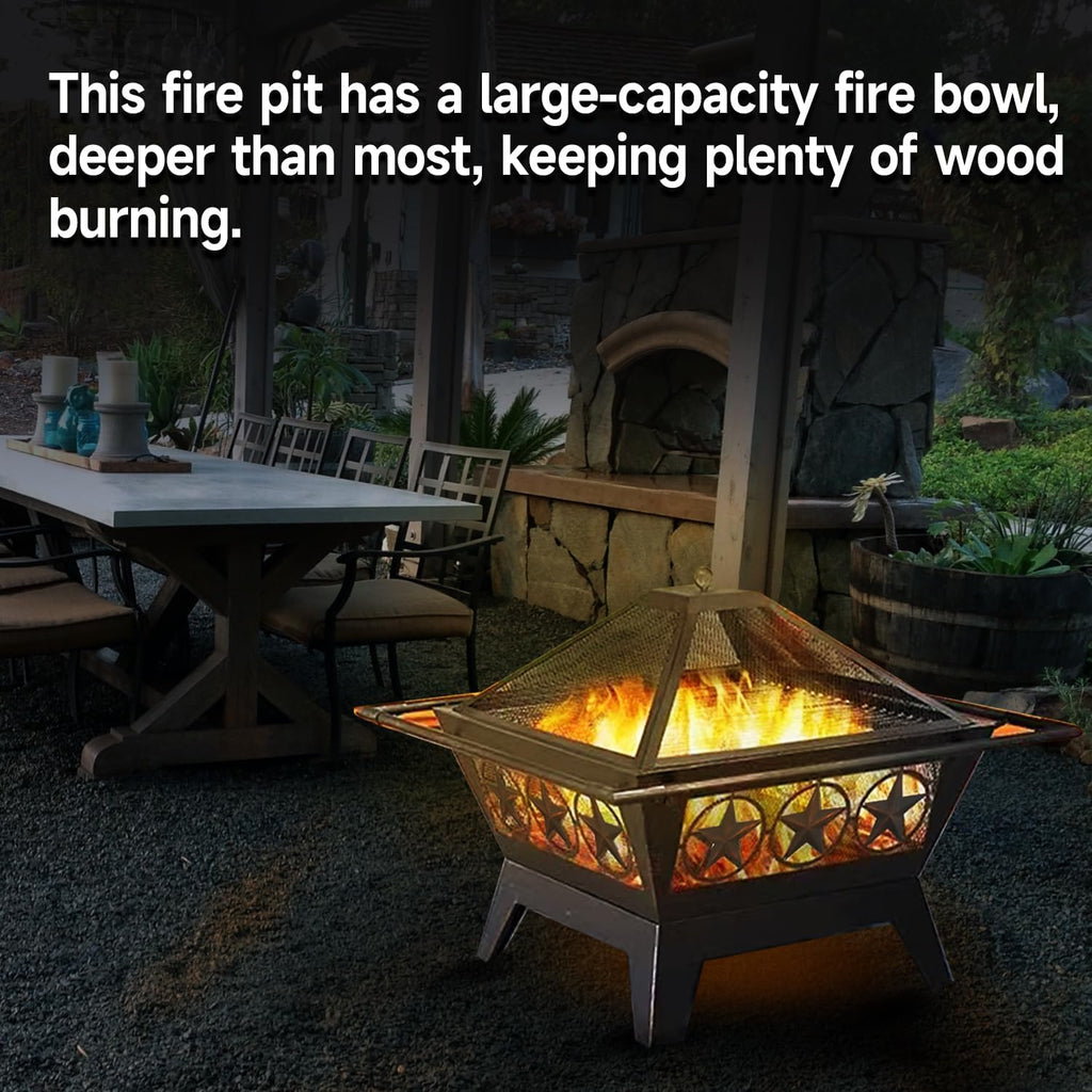 33-Inch Square Fire Pit, Large Metal Fireplace/Firepit with Mesh Lid, Poker, Waterproof Cover