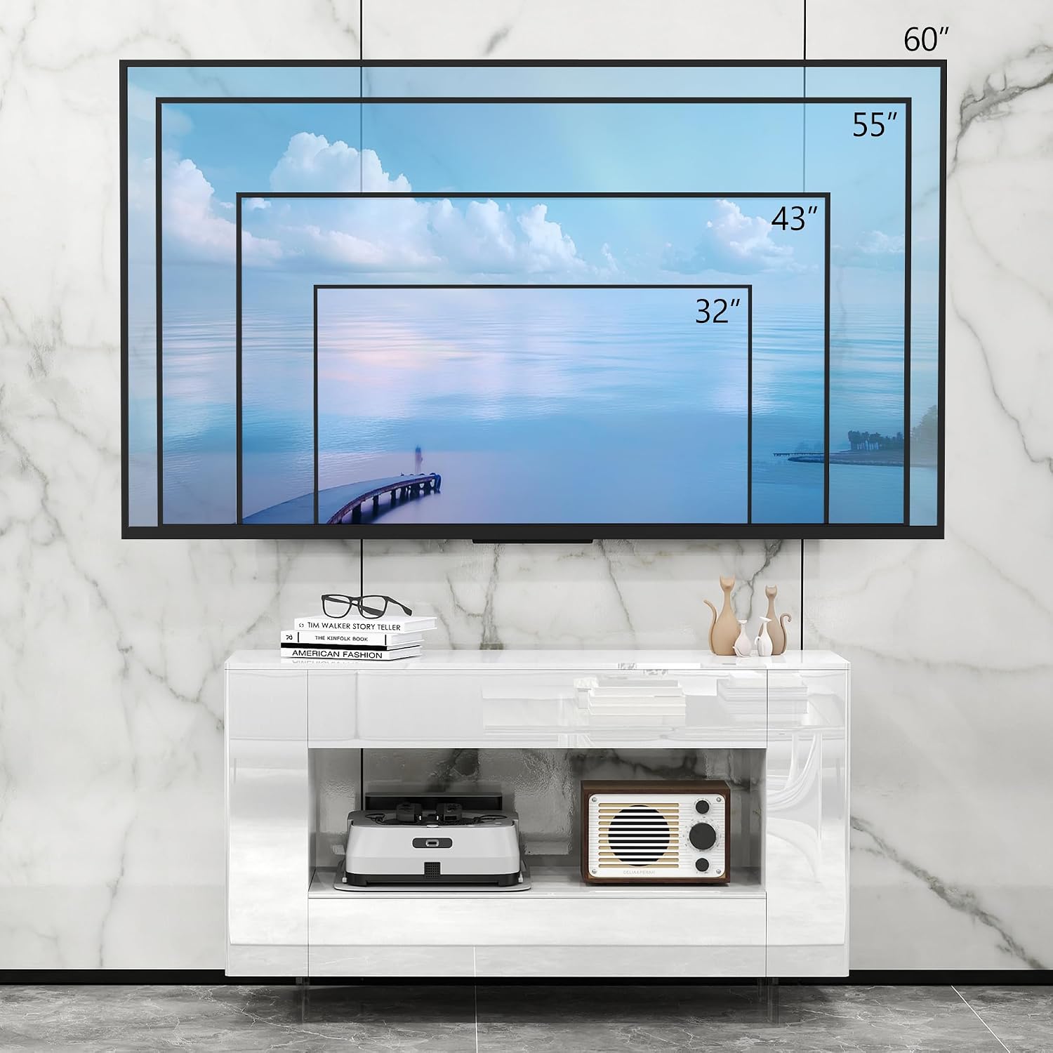 High Gloss TV Stand with 2 Large Drawers & Push-Open Doors - High Gloss Modern TV Console Storage Cabinet for Living Room, Office