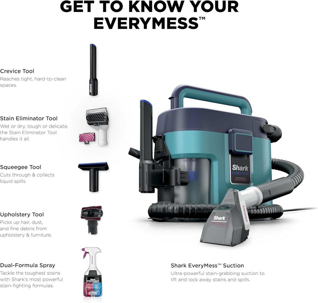 Shark EveryMess™ | Ultra-Powerful 3-in-1 Wet Vac, Dry Vac, & Stain Eliminator | StainForce Technology, Perfect for Homes, Pets, and Cars | 3 Accessories and Cleaning Solution | Blue | VX102BRN