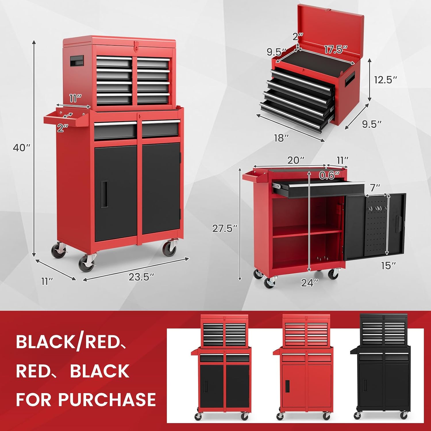 ERGOMASTER Tool Chest Heavy Duty Rolling Tool Box with Cabinet 5-Drawer for Lockable & Removable Cabinet for Garage and Workshop - Multicolor