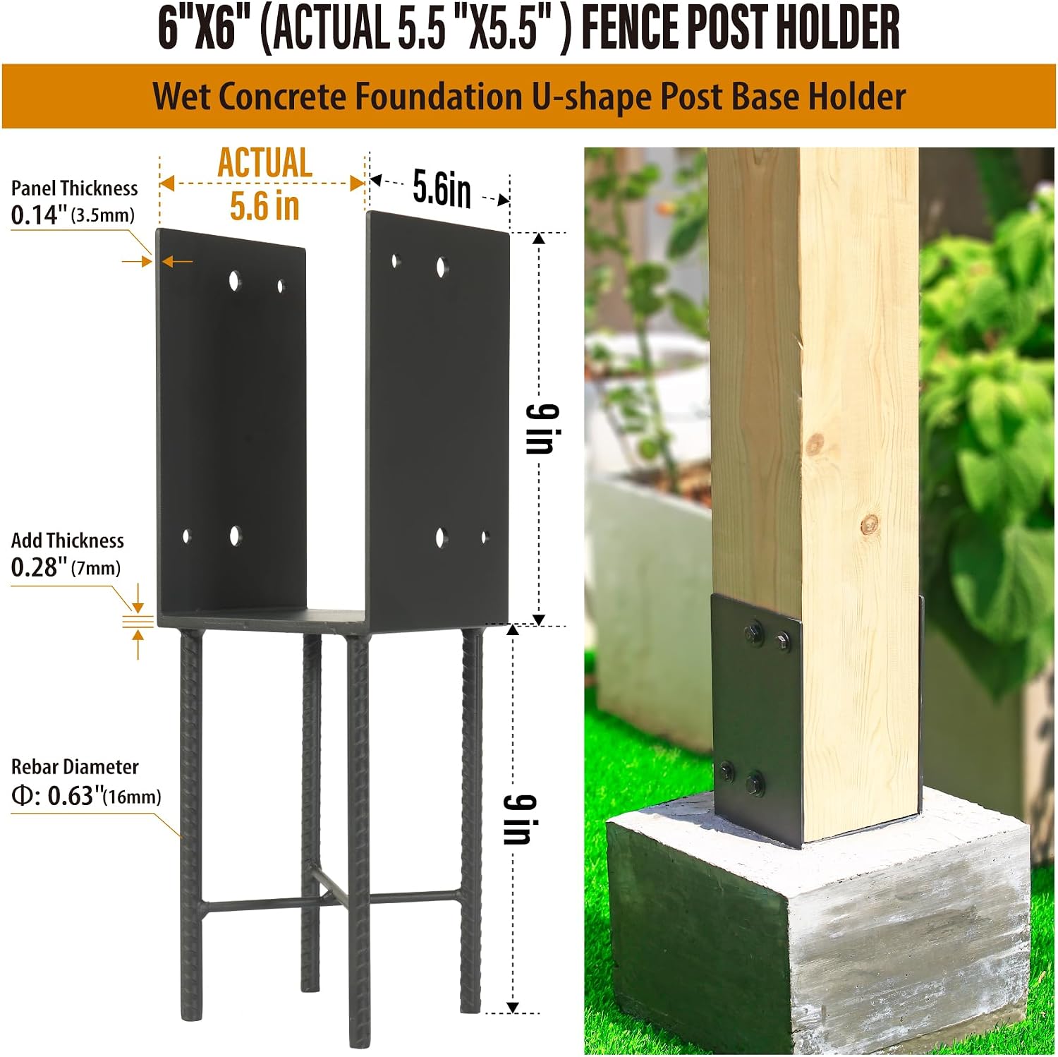 4 pack Heavy Duty Stainless Steels U-Shape 6'x6'(Actual 5.5'x5.5') Wet Concrete Fence Post Holder for Terrace psot base, Wood Gazebo, Fences, Deck railings wood post bracket anchors (Dark Grey)