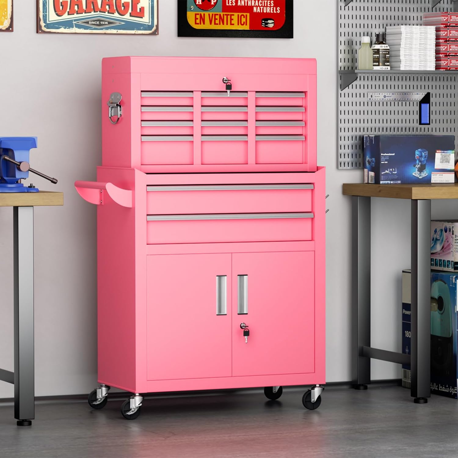 Superday Metal Tool Chest, 8 Drawer Rolling Tool Chest with Wheels, Detachable Tool Storage Cabinet with Lock for Garage, Steel Tool Cart with Liner & Hooks for Workshop, Warehouse (Pink)