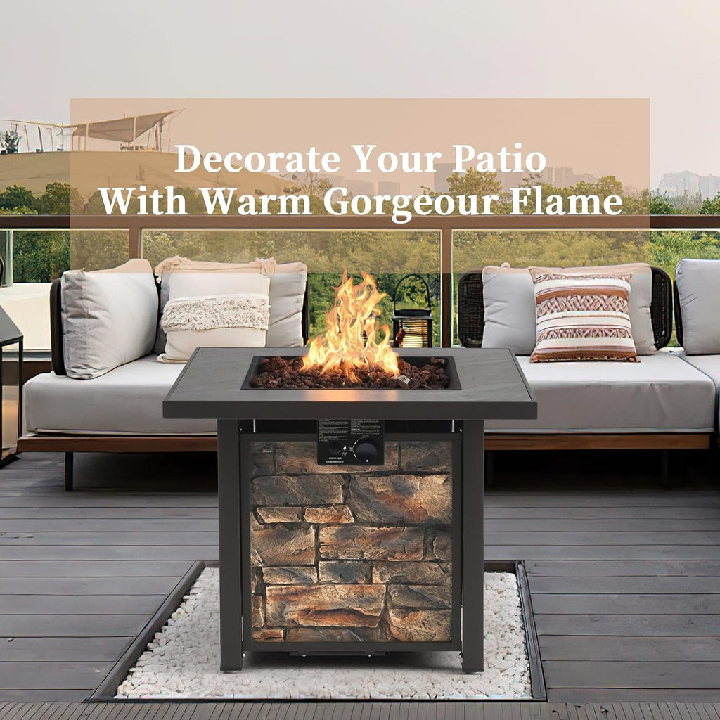 32'' Propane Fire Pit Table for Outdoor, Sintered Stone Tabletop & Polyresin Stone-Look Panel, 50000 BTU Gas Fire Pit Table for Outside Patio and Garden, with Lava Rock & Metal Lid