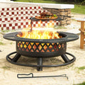 Panovue 42 Inch Outdoor Fire Pit with Grill, Large Firepit Table for Outside, Metal Round Firepits with Lid&Fire Poker,3 in 1 Wood Burning Fire Pits & Outdoor Fireplaces for Backyard,Patio(42'' Black)