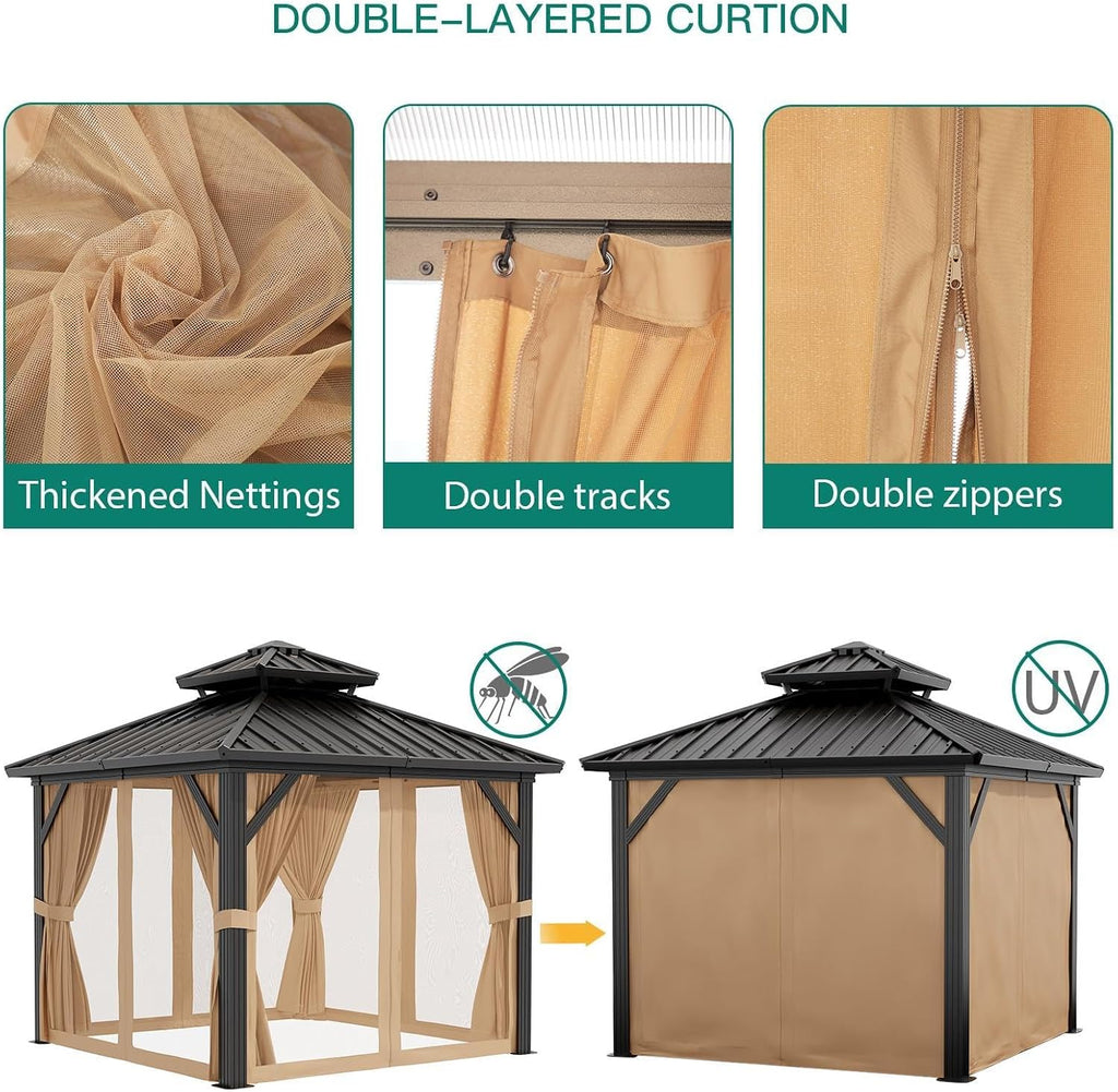 GAOMON 10x10/12 Ft Heavy-Duty Hardtop Pavilion – Double Roof Galvanized Steel Gazebo with Nettings & Curtains for Deck, Lawn & Patio, Brown+Black