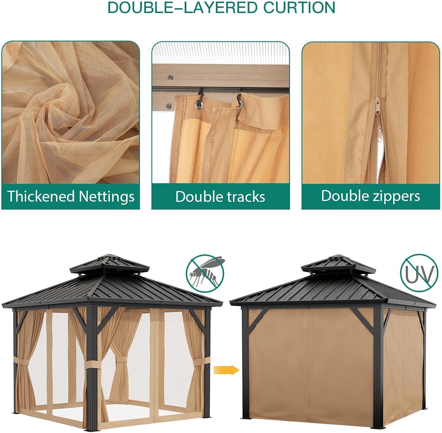 GAOMON 10x10/12 Ft Heavy-Duty Hardtop Pavilion – Double Roof Galvanized Steel Gazebo with Nettings & Curtains for Deck, Lawn & Patio, Brown+Black