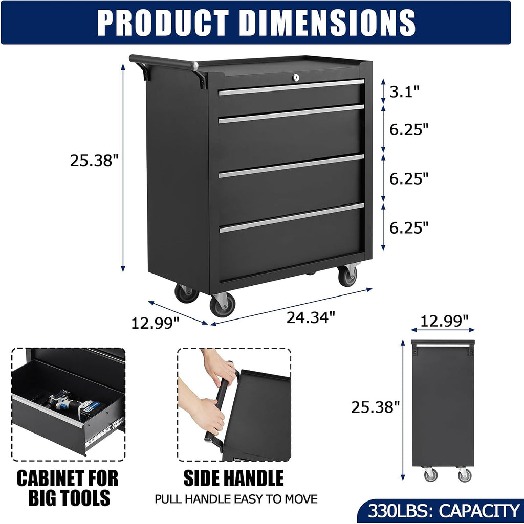 Rolling Tool Chest, 4 Drawers Tool Storage Cabinet with Wheels, Portable Tool Cabinet Organizer with Locking System & Drawer Liners,Universal Lockable Wheels, Tool Storage Cart for Garage, Workshop