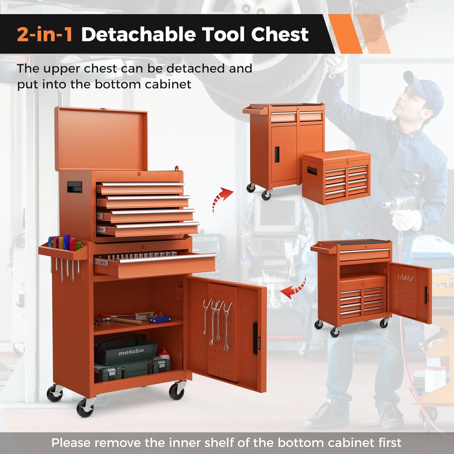 IRONMAX Rolling Tool Chest, 5-Drawer Lockable Tool Cabinet w/Adjustable Shelf & 4 Universal Wheels, 2 in 1 Detachable Tool Box Storage Organizer for Garage Workshop Repair Shop, Orange