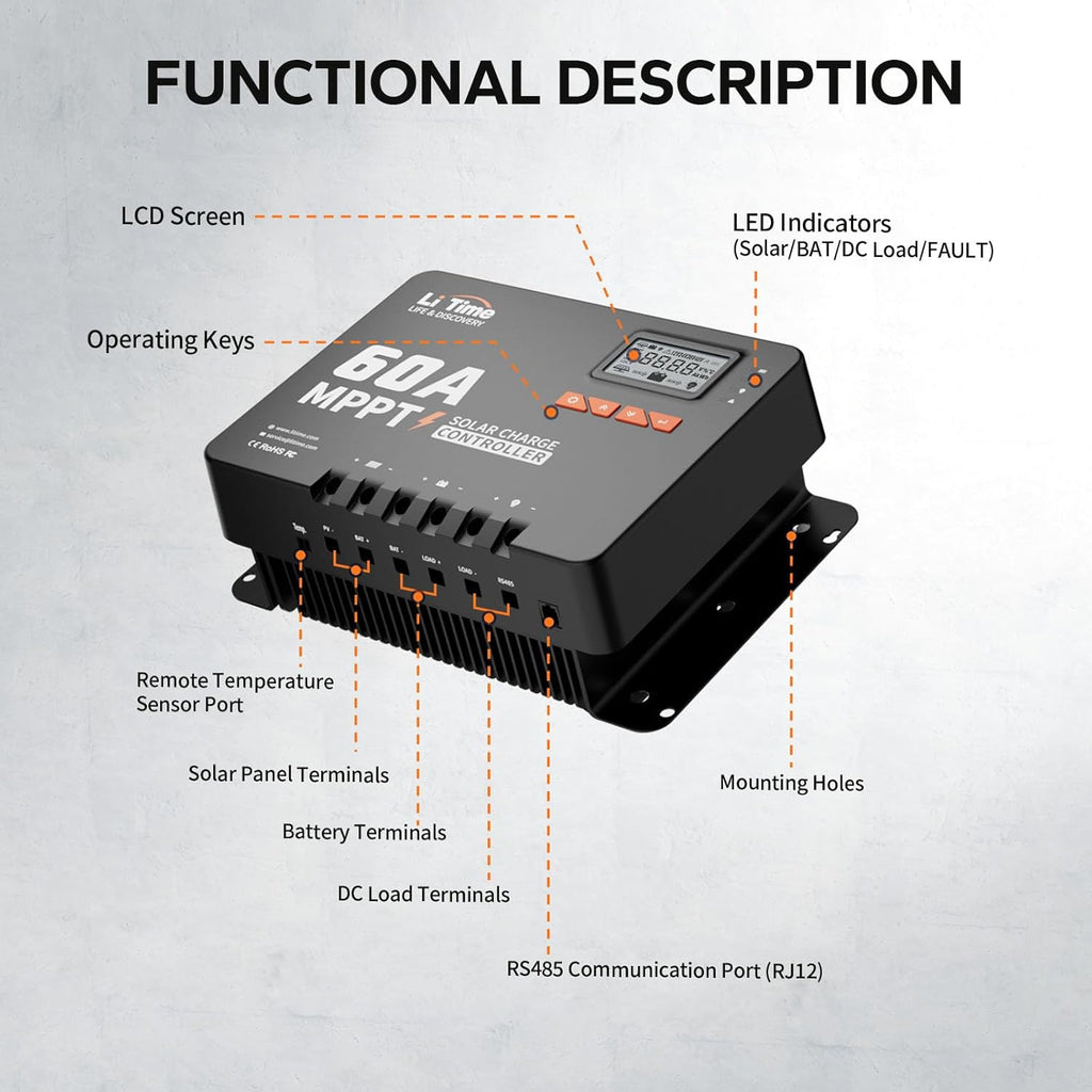 LiTime MPPT Solar Charge Controller (Bluetooth) - Solar Panel Regulator -150V, 60Amp, 12/24/36/48Volt for LiFePO4 and Lead-Acid Battery in Solar System