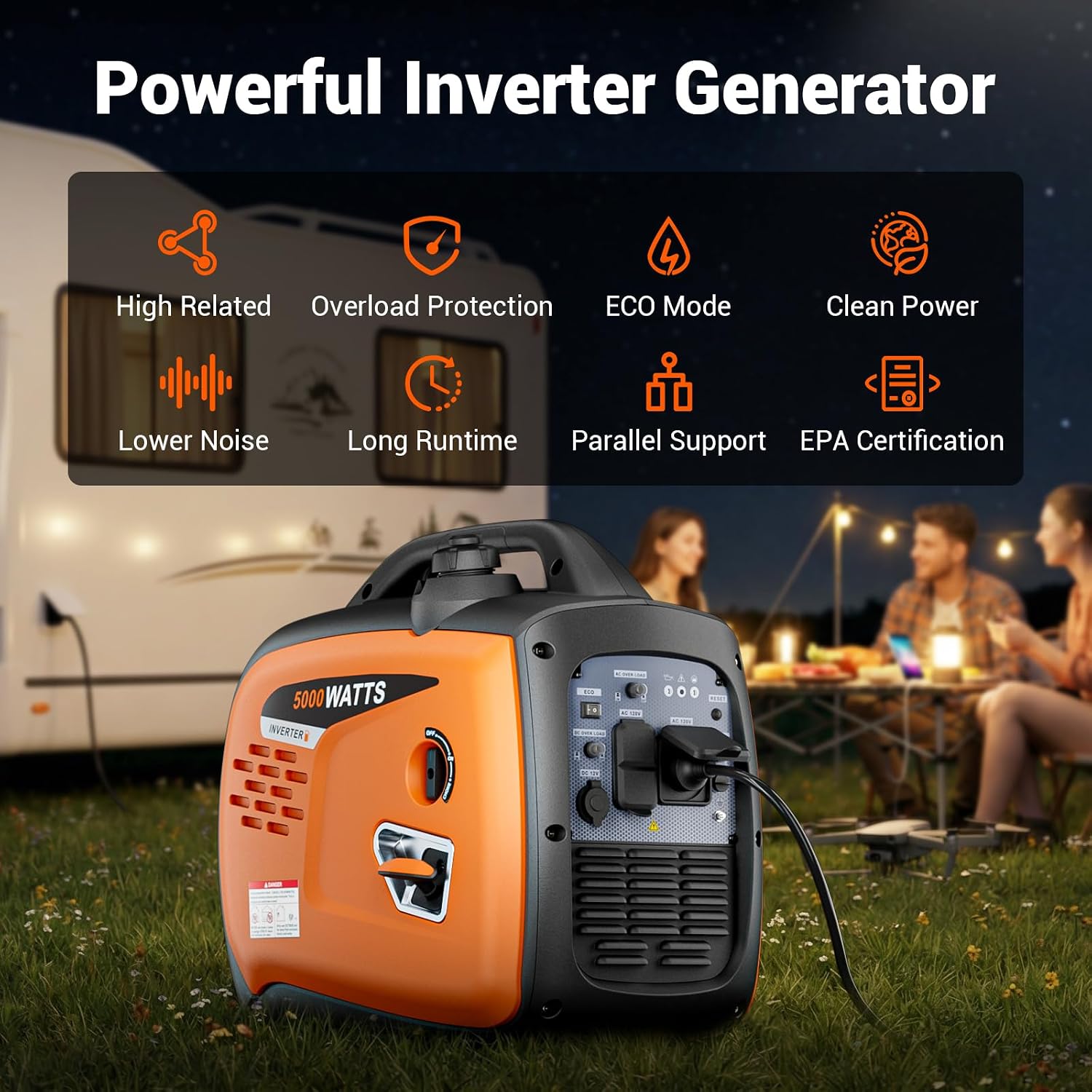 5000W Portable Inverter Generator for Home Emergency Backup Power, Super Quiet Small Gas Powered Generator for Camping, RV, Outdoor, Jobsite with ECO Mode, Parallel Capable, EPA Compliant